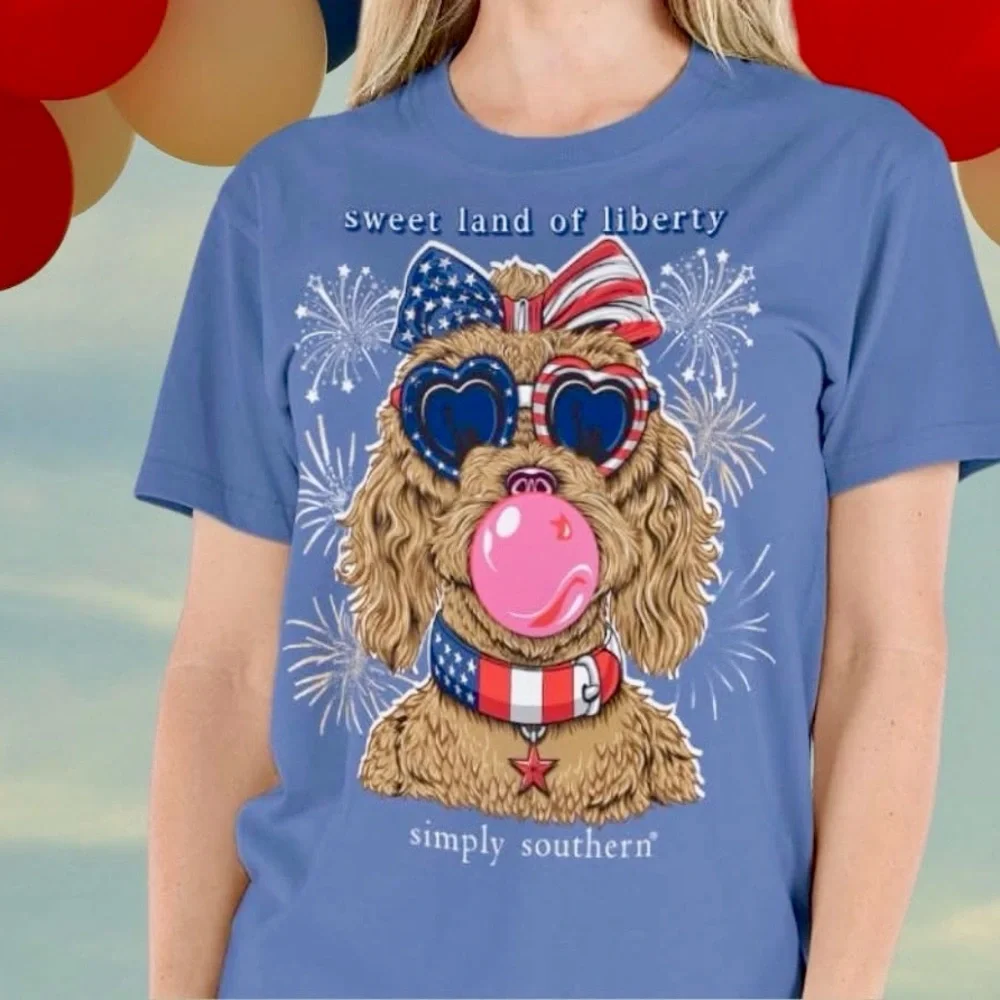 Simply Southern Sweet Land of Liberty Tee Doodle Bubble Gum T-shirt Women’s M - Picture 3 of 6